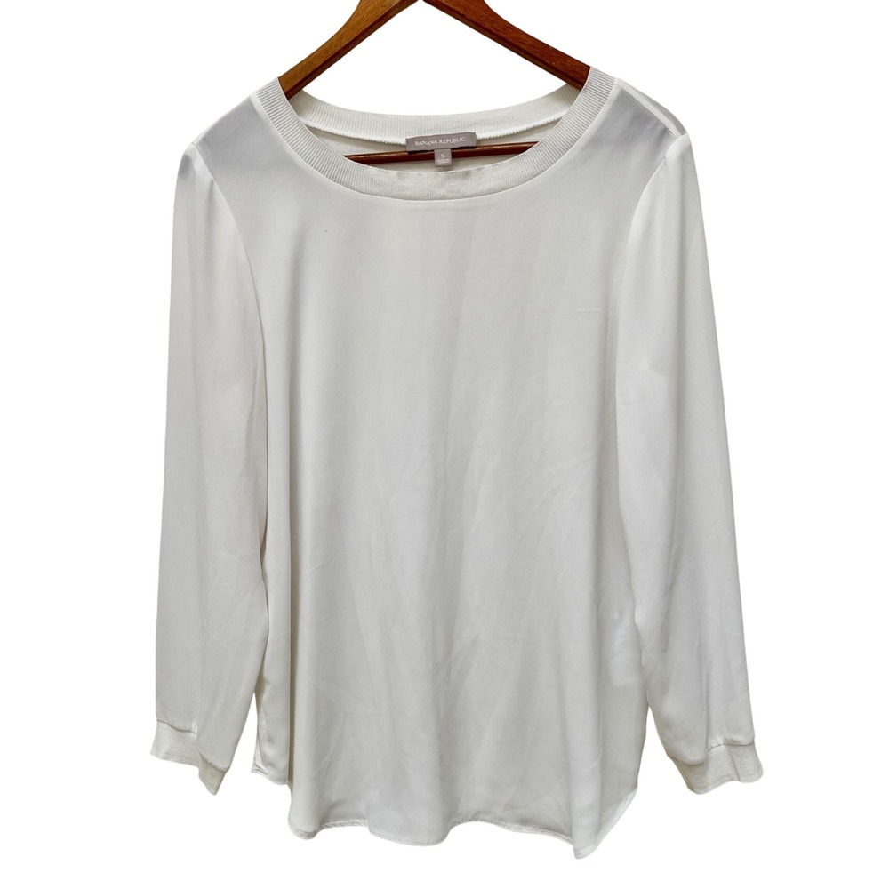 Banana Republic Womens White Mixed Media Long Sleeve Blouse Small Neutral Sheer‎